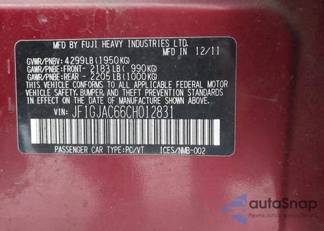 2012 Subaru Impreza 2.0I Premium z USA, uszkodzony, nr VIN JF1GJAC66CH012831